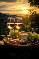 Two wine glasses, cheese and green grapes. a sunset in the background AI generated photo