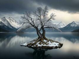 un solitario árbol soportes en el apuntalar de un lago con montañas en el antecedentes ai generado foto