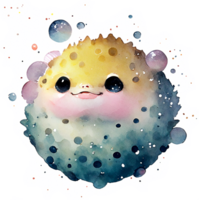 Watercolor Puffer Fish AI Generative png