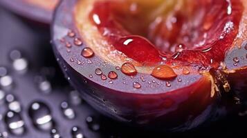 Generative AI, bright slice of juicy ripe plum and water drops, macro of summer fruit photo