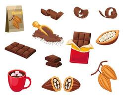 Chocolate set. Chocolate bar, cocoa powder, cocoa beans. World Chocolate Day. Vector illustration isolated on a white background