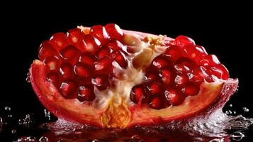 Generative AI, Macro Fresh Juicy half of pomegranate fruit background. Closeup photo