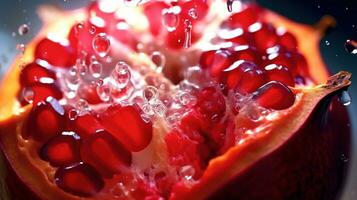 Generative AI, Macro Fresh Juicy half of pomegranate fruit background. Closeup photo