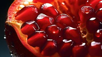 Generative AI, Macro Fresh Juicy half of pomegranate fruit with drops of water background. Closeup photo