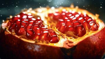 Generative AI, Macro Fresh Juicy half of pomegranate fruit with drops of water background. Closeup photo