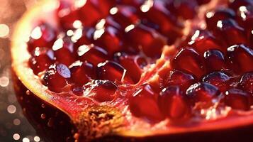 Generative AI, Macro Fresh Juicy half of pomegranate fruit with drops of water background. Closeup photo