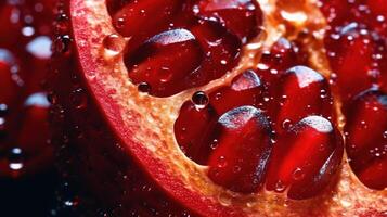 Generative AI, Macro Fresh Juicy half of pomegranate fruit with drops of water background. Closeup photo