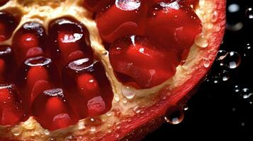 Generative AI, Macro Fresh Juicy half of pomegranate fruit with drops of water background. Closeup photo