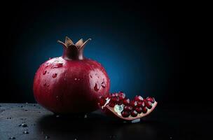 Generative AI, Fresh Juicy whole or half of pomegranate fruit with water drops, still life on dark background. Closeup photo