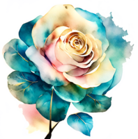 Pretty Watercolor Turquoise Rose Flower AI Generative png