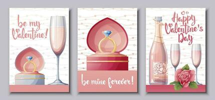 Set of cards for Happy Valentine's Day. Roses, gifts, champagne, wedding ring. Festive bright postcard, love creative concept. A4 vector illustration for banner, poster, card, postcard.