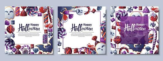 Set of vector backgrounds for Halloween invitation or greeting card. Poster, banner with ghost and bat cookies, candies, sweets, cookies, lollipops. Great for flyer, backdrop