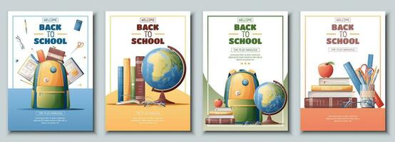 Set of school banners, flyers with backpack, globe, books. Back to school, teacher's day, love of knowledge. Background, poster with school supplies. vector