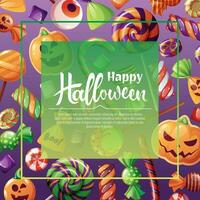 Vector background for Halloween invitation or greeting card. Holiday invitation Trick or Treat. Poster, banner with pumpkin biscuits, spooky candies, sweets, cookies, lollipops.