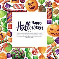 Vector background for Halloween invitation or greeting card. Holiday invitation Trick or Treat. Poster, banner with pumpkin biscuits, spooky candies, sweets, cookies, lollipops.