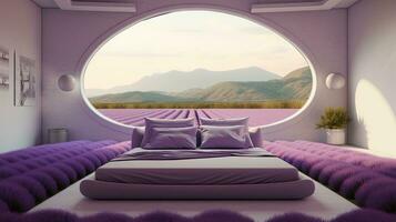 Generative AI, Fantasy purple relax room with dreamy bed and beautiful landscape with clouds. Bedroom in calm lavender and violet colors. photo