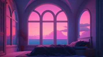 Generative AI, Fantasy purple relax room with dreamy bed, arch, windows and beautiful landscape with clouds. Bedroom in calm lavender and violet colors. photo