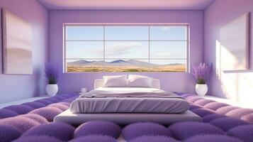Generative AI, Fantasy purple relax room with dreamy bed and beautiful landscape with clouds. Bedroom in calm lavender and violet colors. photo