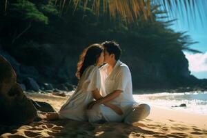 AI Generative Happy asian couple kissing in the park on the beach Man kissing on head woman Travel and lover concept photo
