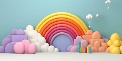Generative AI, rainbow and colorful balloons. Birthday party 3d background. Mockup, template for greetiing card photo