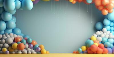 Generative AI, rainbow and colorful balloons. Birthday party 3d background. Mockup, template for greetiing card photo