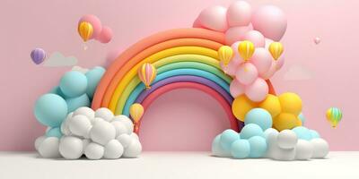 generativo ai, arco iris y vistoso globos cumpleaños fiesta 3d antecedentes. Bosquejo, modelo para saludo tarjeta foto