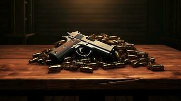Generative AI, revolver gun with bullets isolated on wooden background, hand gun with ammunition, pistol military weapon photo