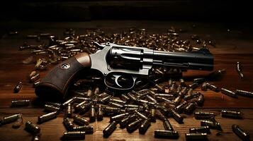 Generative AI, revolver gun with bullets isolated on wooden background, hand gun with ammunition, pistol military weapon photo