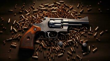 Generative AI, revolver gun with bullets isolated on wooden background, hand gun with ammunition, pistol military weapon photo