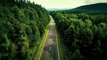 generativo ai, aéreo ver de la carretera Entre verde bosque, verde paisaje foto