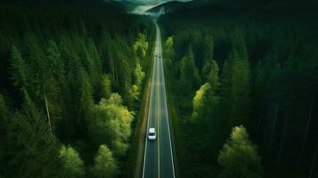 Generative AI, Aerial view of road between green forest, green landscape photo