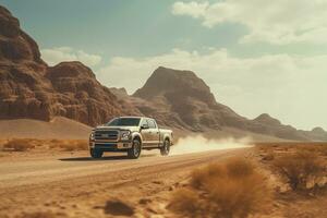 generativo ai, apagado la carretera coche conducción en un devanado montaña Desierto camino, rodeado por asombroso puntos de vista de el escabroso terreno foto