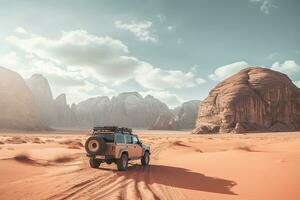 generativo ai, apagado la carretera coche conducción en un devanado montaña Desierto camino, rodeado por asombroso puntos de vista de el escabroso terreno foto