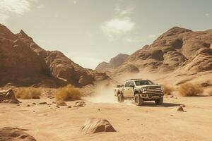 generativo ai, apagado la carretera coche conducción en un devanado montaña Desierto camino, rodeado por asombroso puntos de vista de el escabroso terreno foto