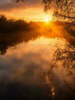 the sun rises over a river and trees ai generated photo