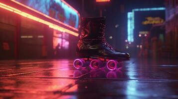 Generative AI, Roller skate in cyberpunk style, disco nostalgic 80s, 90s. Neon night lights vibrant colors, photorealistic horizontal illustration of the futuristic city. Sport activity concept.. photo