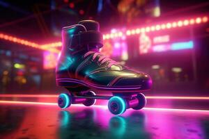 Generative AI, Roller skate in cyberpunk style, disco nostalgic 80s, 90s. Neon night lights vibrant colors, photorealistic horizontal illustration of the futuristic city. Sport activity concept. photo