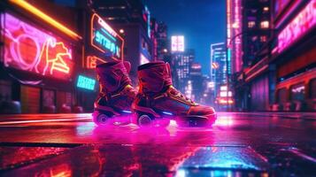 Generative AI, Roller skate in cyberpunk style, disco nostalgic 80s, 90s. Neon night lights vibrant colors, photorealistic horizontal illustration of the futuristic city. Sport activity concept.. photo