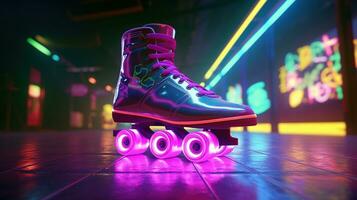 Generative AI, Roller skate in cyberpunk style, disco nostalgic 80s, 90s. Neon night lights vibrant colors, photorealistic horizontal illustration of the futuristic city. Sport activity concept. photo