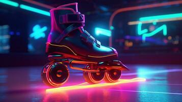 Generative AI, Roller skate in cyberpunk style, disco nostalgic 80s, 90s. Neon night lights vibrant colors, photorealistic horizontal illustration of the futuristic city. Sport activity concept. photo