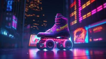 Generative AI, Roller skate in cyberpunk style, disco nostalgic 80s, 90s. Neon night lights vibrant colors, photorealistic horizontal illustration of the futuristic city. Sport activity concept. photo