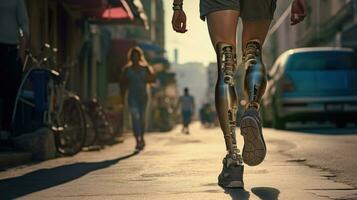 Generative AI, person with disability, prosthetic limb running and does not feel obstacles, photo