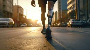 Generative AI, person with disability, prosthetic limb running and does not feel obstacles photo