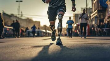 Generative AI, person with disability, prosthetic limb running and does not feel obstacles, photo