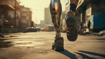 Generative AI, person with disability, prosthetic limb running and does not feel obstacles photo