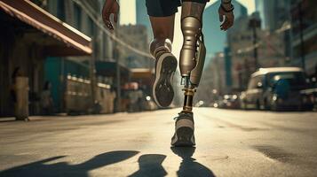 Generative AI, person with disability, prosthetic limb running and does not feel obstacles, photo