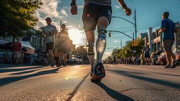 Generative AI, person with disability, prosthetic limb running and does not feel obstacles, photo