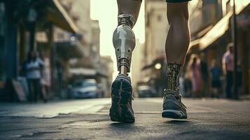 Generative AI, person with disability, prosthetic limb running and does not feel obstacles, photo