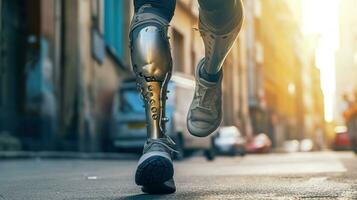 Generative AI, person with disability, prosthetic limb running and does not feel obstacles photo