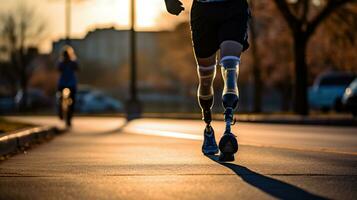 Generative AI, person with disability, prosthetic limb running and does not feel obstacles photo